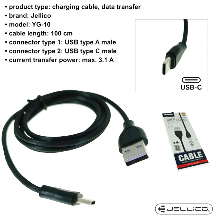 Cablu cu conectori USB-A tata la USB-C tata, 3.1A, lungime 100cm, Jellico YG-10 92130, incarcare, transfer date, negru [6]