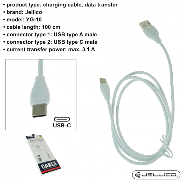 Cablu cu conectori USB-A tata la USB-C tata, 3.1A, lungime 100cm, Jellico YG-10 92131, incarcare, transfer date, alb [6]