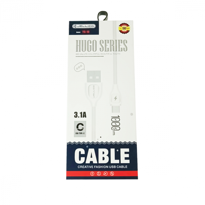 Cablu cu conectori USB-A tata la USB-C tata, 3.1A, lungime 100cm, Jellico YG-10 92131, incarcare, transfer date, alb [5]