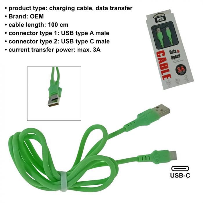 Cablu cu conectori USB-A tata la USB-C tata, 3A, lungime 100cm, CBL-56759-G, incarcare, transfer date, verde [6]