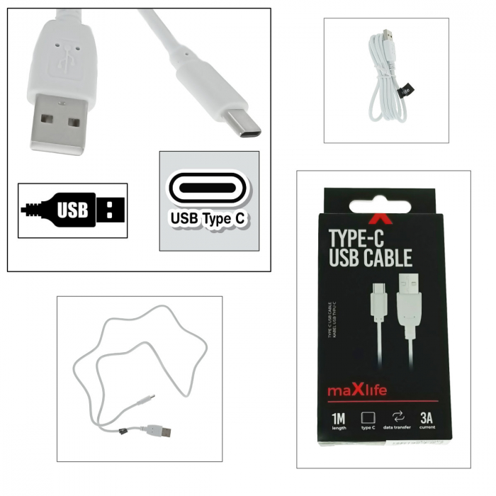 Cablu date Maxlife, USB - USB-C 1,0 m 3A, Alb [2]