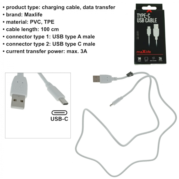 Cablu date Maxlife, USB - USB-C 1,0 m 3A, Alb [5]