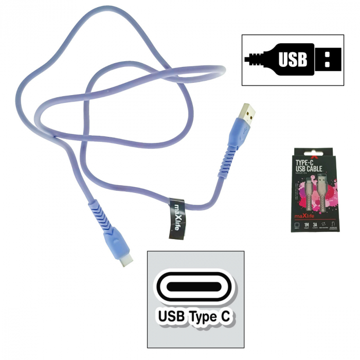 Cablu cu conectori USB-A tata la USB-C tata, Maxlife 75816, incarcare, transfer date, 3A, lungime 100cm, violet [2]