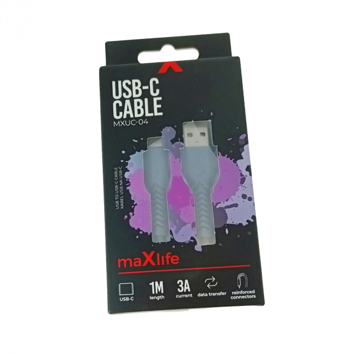 Cablu cu conectori USB-A tata la USB-C tata, Maxlife 75816, incarcare, transfer date, 3A, lungime 100cm, violet [4]