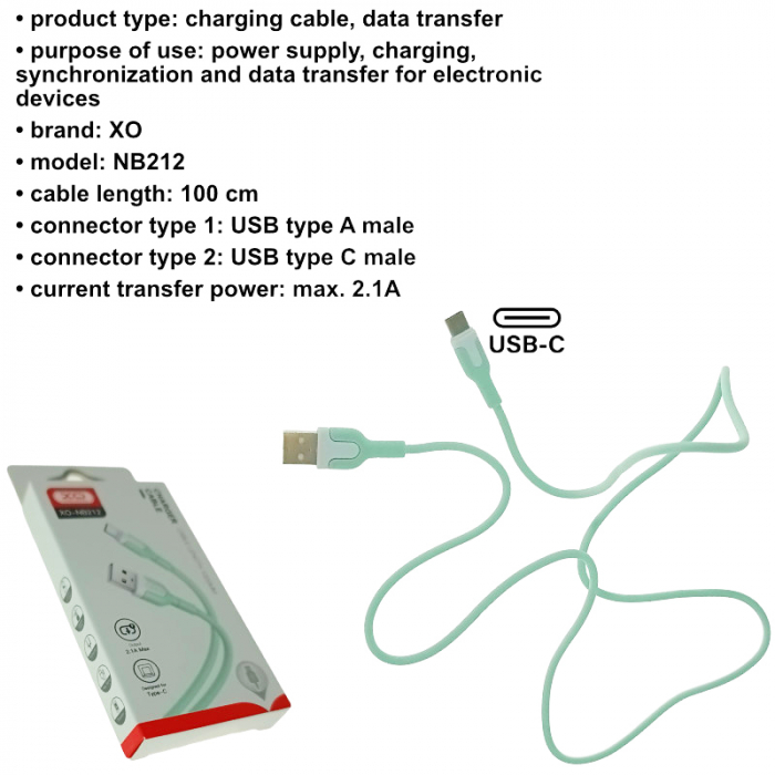 Cablu cu conectori USB-A tata la USB-C tata, XO NB212 82773, incarcare, transfer date, 2.1A, lungime 100cm, verde [6]