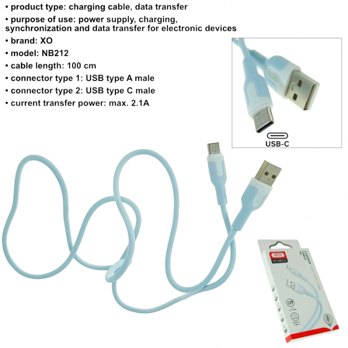 Cablu cu conectori USB-A tata la USB-C tata, XO NB212 82774, incarcare, transfer date, 2.1A, lungime 100cm, albastru [6]