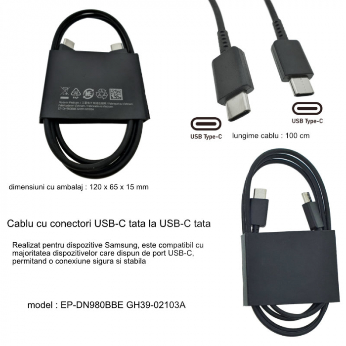 Cablu cu conectori USB-C tata la USB-C tata, EP-DN980BBE GH39-02103A, PD 3A, 1m, negru [7]