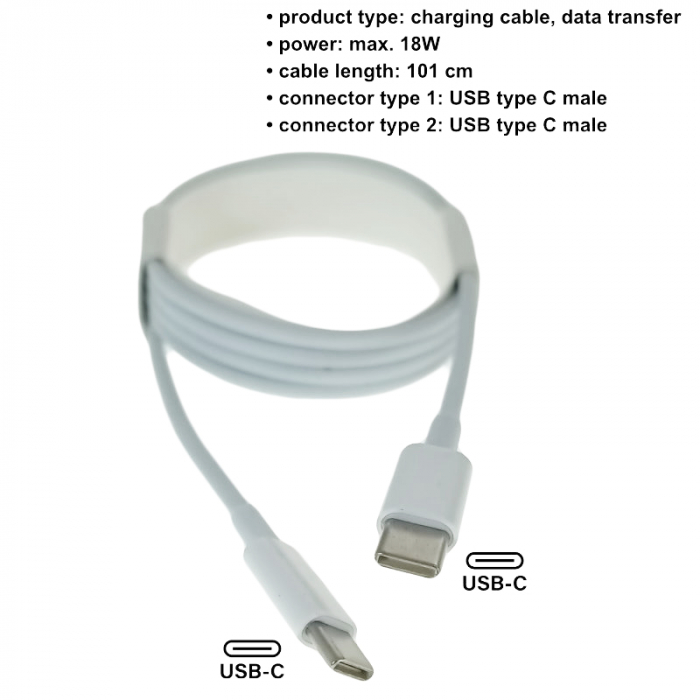 Cablu cu conectori USB-C tata la USB-C tata, pentru incarcare pana la 18W, lungime 100cm, alb [6]