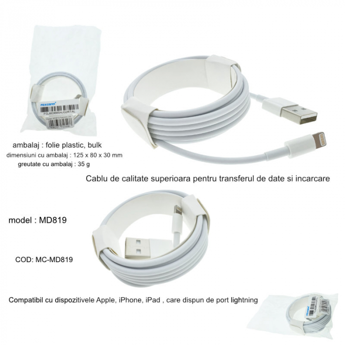 Cablu cu conectori USB tata la 8-pin lightning tata, Foxconn MD819, lungime 2m, alb [6]
