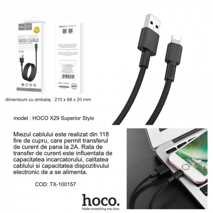 Cablu cu conectori USB tata la Lightning tata, HOCO X29 Superior Style, lungime 1m, 2A, negru [5]