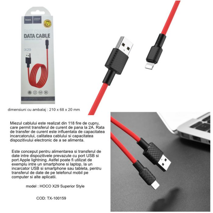 Cablu cu conectori USB tata la Lightning tata, HOCO X29R Superior Style, lungime 1m, 2A, rosu [5]