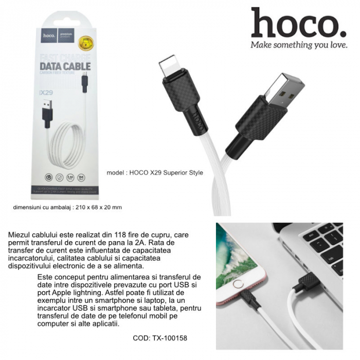 Cablu cu conectori USB tata la Lightning tata, HOCO X29W Superior Style, lungime 1m, 2A, alb [5]