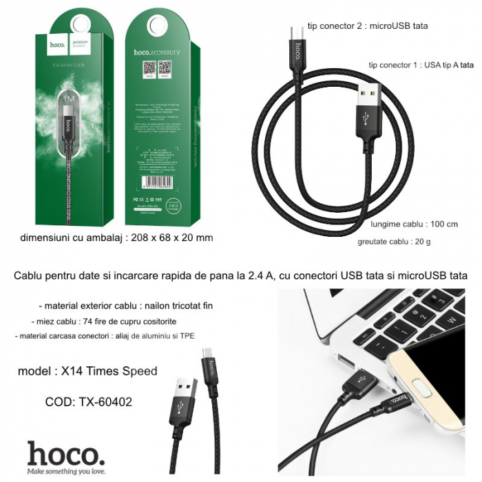 Cablu cu conectori USB tata la microUSB tata, HOCO X14 Times Speed, 2.4 A, lungime 1m, negru [6]