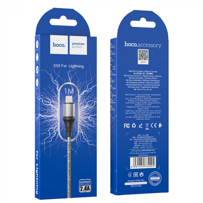 Cablu cu conectori USB tata la tip Lightning tata, HOCO X50 Excellent, 2.4 A, lungime 1m, gri [4]