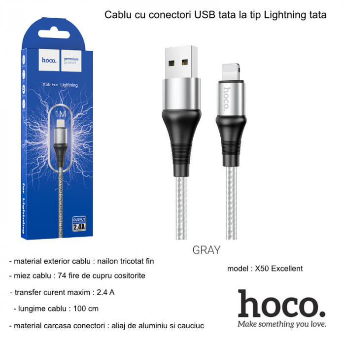 Cablu cu conectori USB tata la tip Lightning tata, HOCO X50 Excellent, 2.4 A, lungime 1m, gri [5]