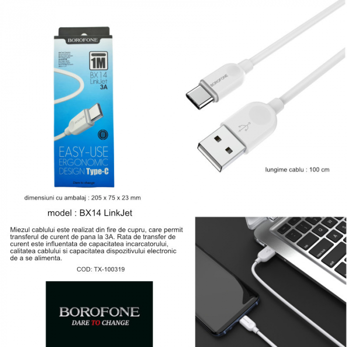 Cablu cu conectori USB tata la USB tip C tata, Borofone BX14 LinkJet, lungime 1m, 3A, alb [6]