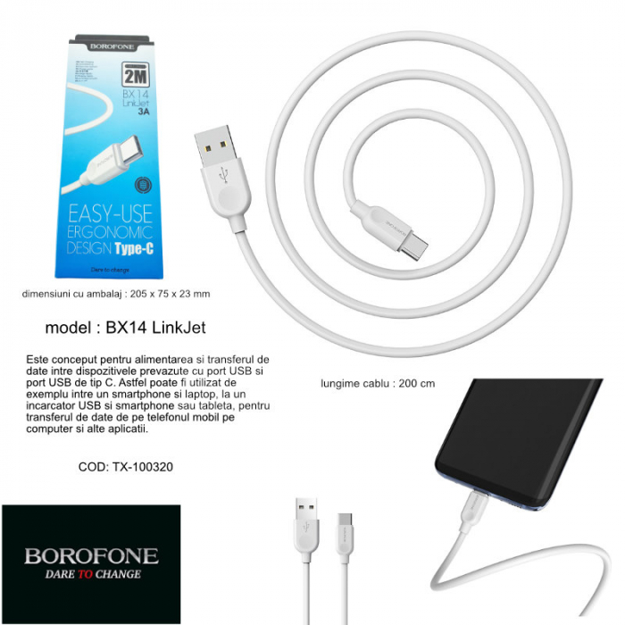 Cablu cu conectori USB tata la USB tip C tata, Borofone BX14 LinkJet, lungime 2m, 3A, alb [7]