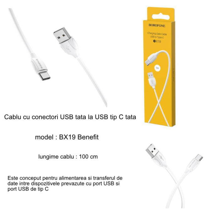 Cablu cu conectori USB tata la USB tip C tata, Borofone BX19 Benefit, lungime 1m, alb [5]