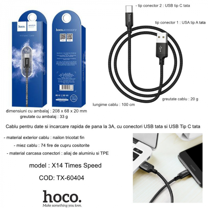 Cablu cu conectori USB tata la USB Tip C tata, HOCO X14 Times Speed, 3A, lungime 1m, negru [6]