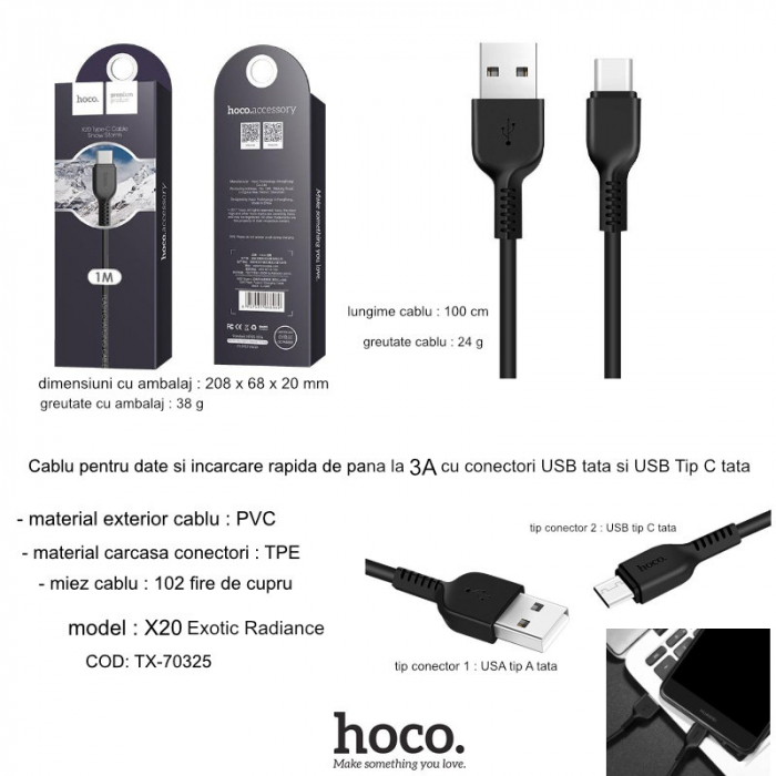 Cablu cu conectori USB tata la USB Tip C tata, HOCO X20 Exotic Radiance, 3A, lungime 1m, negru [5]