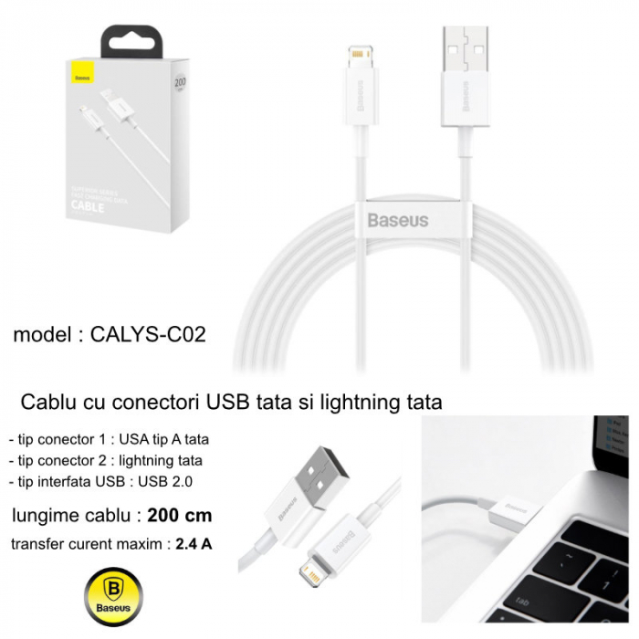 Cablu cu conectori USB tata si lightning tata, Baseus Superior Series CALYS-C02, 2.4A, lungime 2m, alb [5]