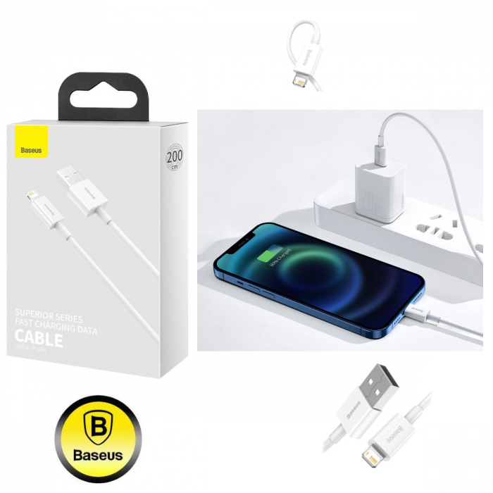 Cablu cu conectori USB tata si lightning tata, Baseus Superior Series CALYS-C02, 2.4A, lungime 2m, alb [3]