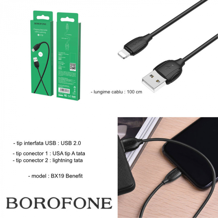 Cablu cu conectori USB tata si lightning tata, Borofone BX19 Benefit, lungime 1m, negru [6]