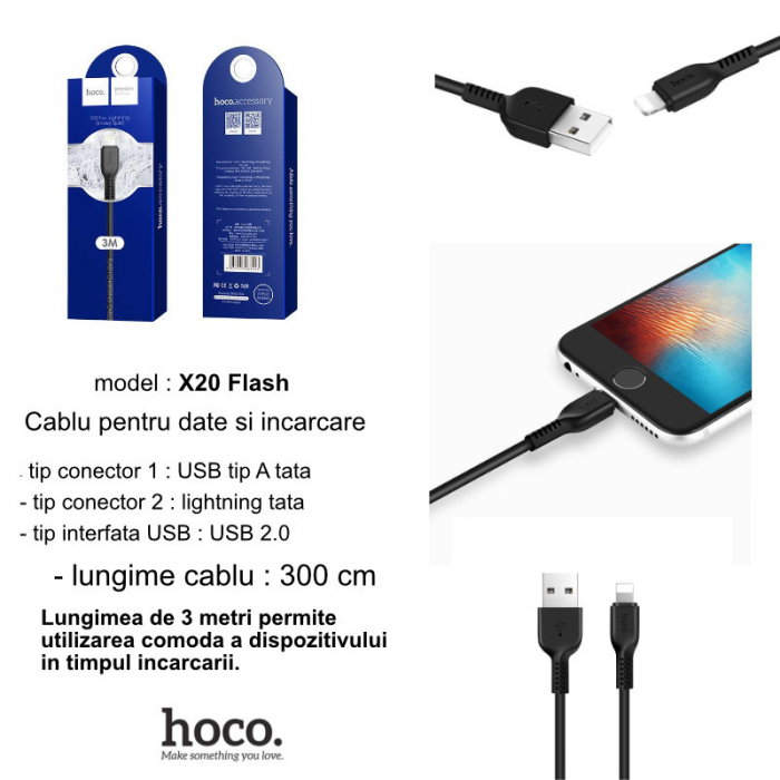 Cablu cu conectori USB tata si lightning tata, Hoco X20 Flash, lungime 3m, 2A, negru [6]