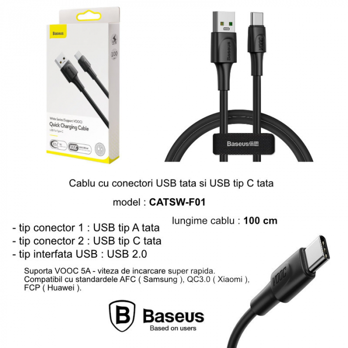 Cablu Date si Incarcare Baseus USB la USB Type-C, 5 A, 1 m, CATSW-F01, Negru [7]