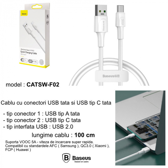 Cablu Date si Incarcare Baseus USB la USB Type-C, 5 A, 1 m,CATSW-F02, Alb [6]