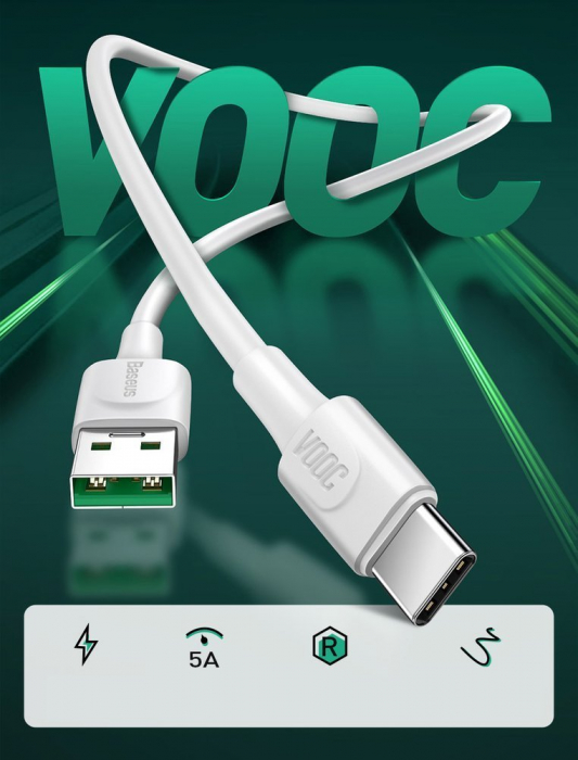 Cablu Date si Incarcare Baseus USB la USB Type-C, 5 A, 1 m,CATSW-F02, Alb [7]