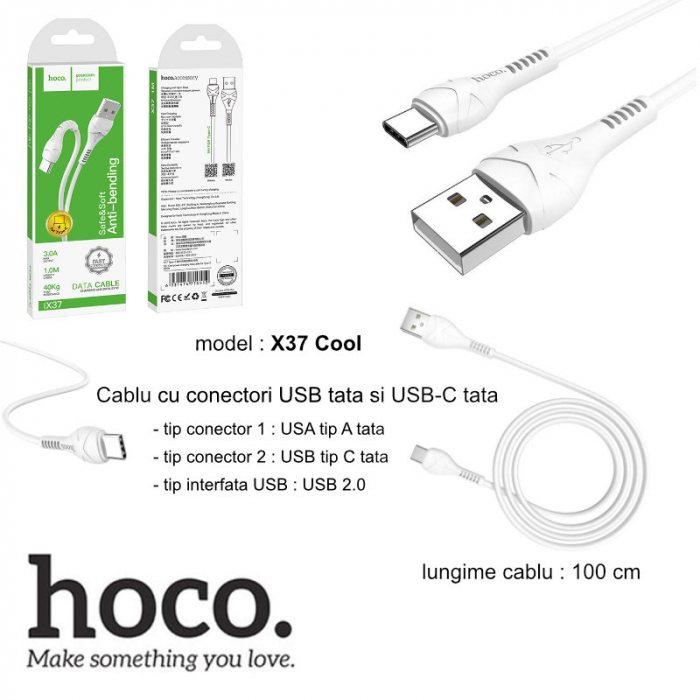 Cablu cu conectori USB tata si USB tip C tata, Hoco X37 Cool, 3A, lungime 1m, alb [6]