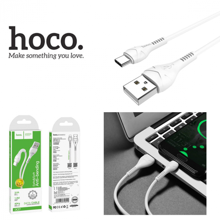 Cablu cu conectori USB tata si USB tip C tata, Hoco X37 Cool, 3A, lungime 1m, alb [4]