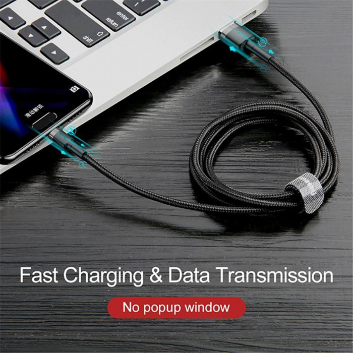 Cablu USB la Type-C, Fast Charging, 3A, 1m, R80, Aluminiu, Nailon, TPE, Baseus Cafule CATKLF EG1, Gri/Negru [4]