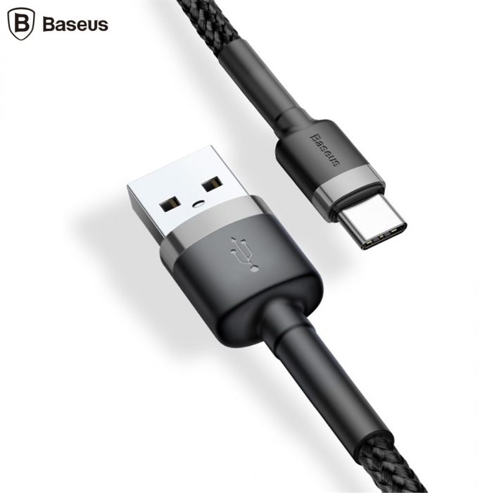 Cablu USB la Type-C, Fast Charging, 3A, 1m, R80, Aluminiu, Nailon, TPE, Baseus Cafule CATKLF EG1, Gri/Negru [3]