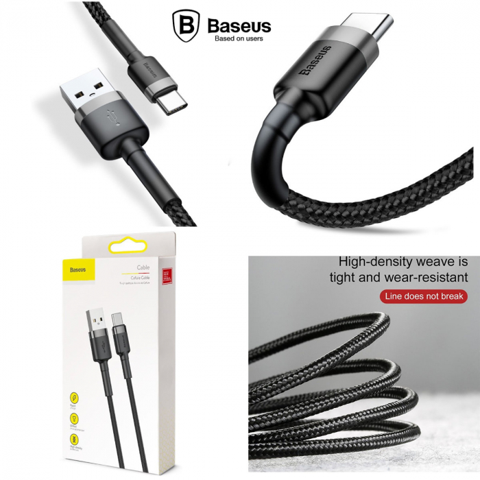 Cablu USB la Type-C, Fast Charging, 3A, 1m, R80, Aluminiu, Nailon, TPE, Baseus Cafule CATKLF EG1, Gri/Negru [6]