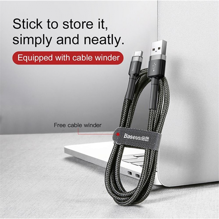 Cablu USB la Type-C, Fast Charging, 3A, 1m, R80, Aluminiu, Nailon, TPE, Baseus Cafule CATKLF EG1, Gri/Negru [8]