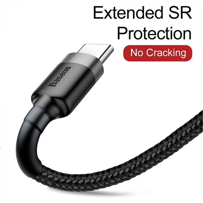 Cablu USB la Type-C, Fast Charging, 3A, 1m, R80, Aluminiu, Nailon, TPE, Baseus Cafule CATKLF EG1, Gri/Negru [5]