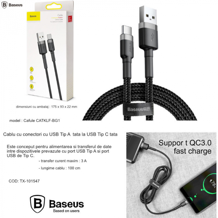 Cablu USB la Type-C, Fast Charging, 3A, 1m, R80, Aluminiu, Nailon, TPE, Baseus Cafule CATKLF EG1, Gri/Negru [7]