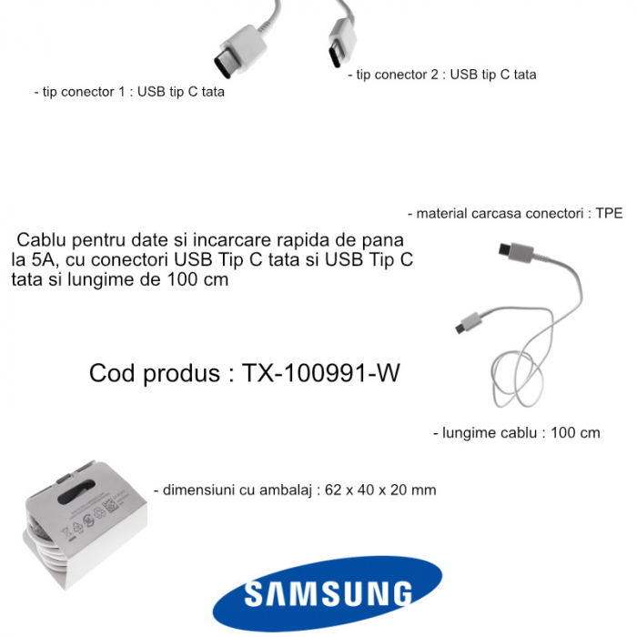 Cablu cu conectori USB Tip C tata la USB de Tip C tata, Samsung EP-DG977, cablu 100cm, alb [5]