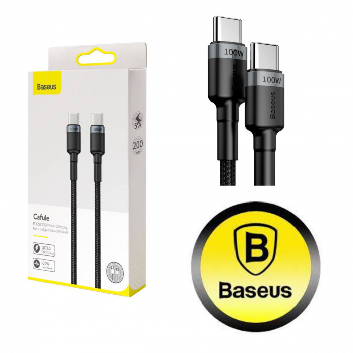 Cablu Date si Incarcare Baseus, Cafule CATKLF-ALG1, USB Type-C la USB Type-C, 100W, 2m, Gri [5]