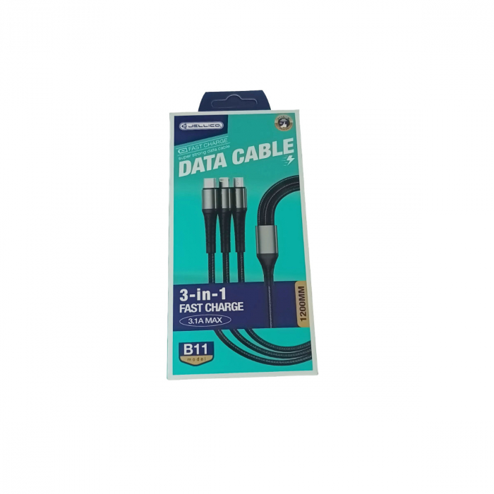 Cablu date 3 in 1, JELLICO B11, cu conectori USB tip C tata, compatibil tip lightning 8-pin tata, MicroUSB tata, lungime 1.2m, 3.1A, negru [3]