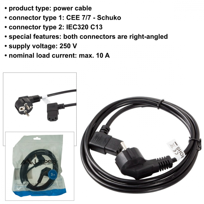 Cablu de alimentare PC si UPS, Schuko CEE 7/7 la IEC320 C13 90 grade, Lanberg 43644, 250V-10A, 3m lungime, VDE, negru [6]