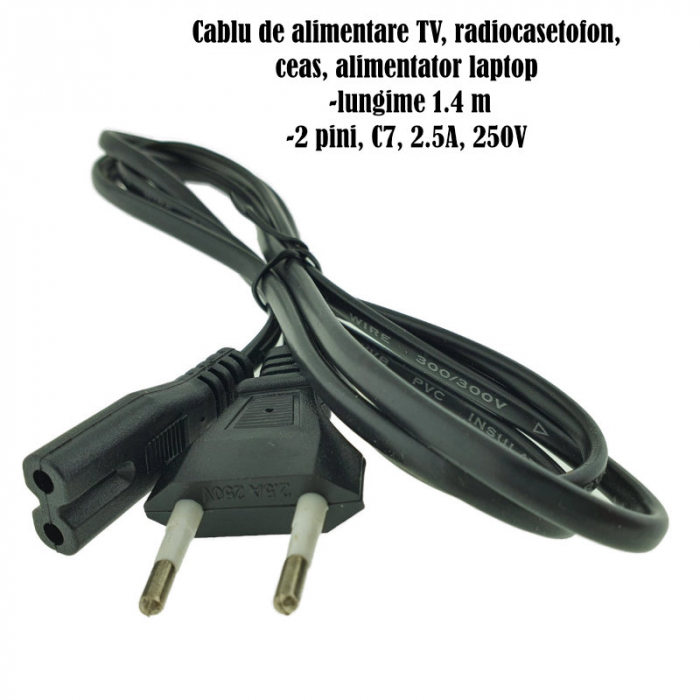 Cablu de alimentare TV, radiocasetofon, ceas, alimentator laptop, CABLUCAS, lungime 1.4m, 2 pini, C7, 2.5A, 250V, negru [5]