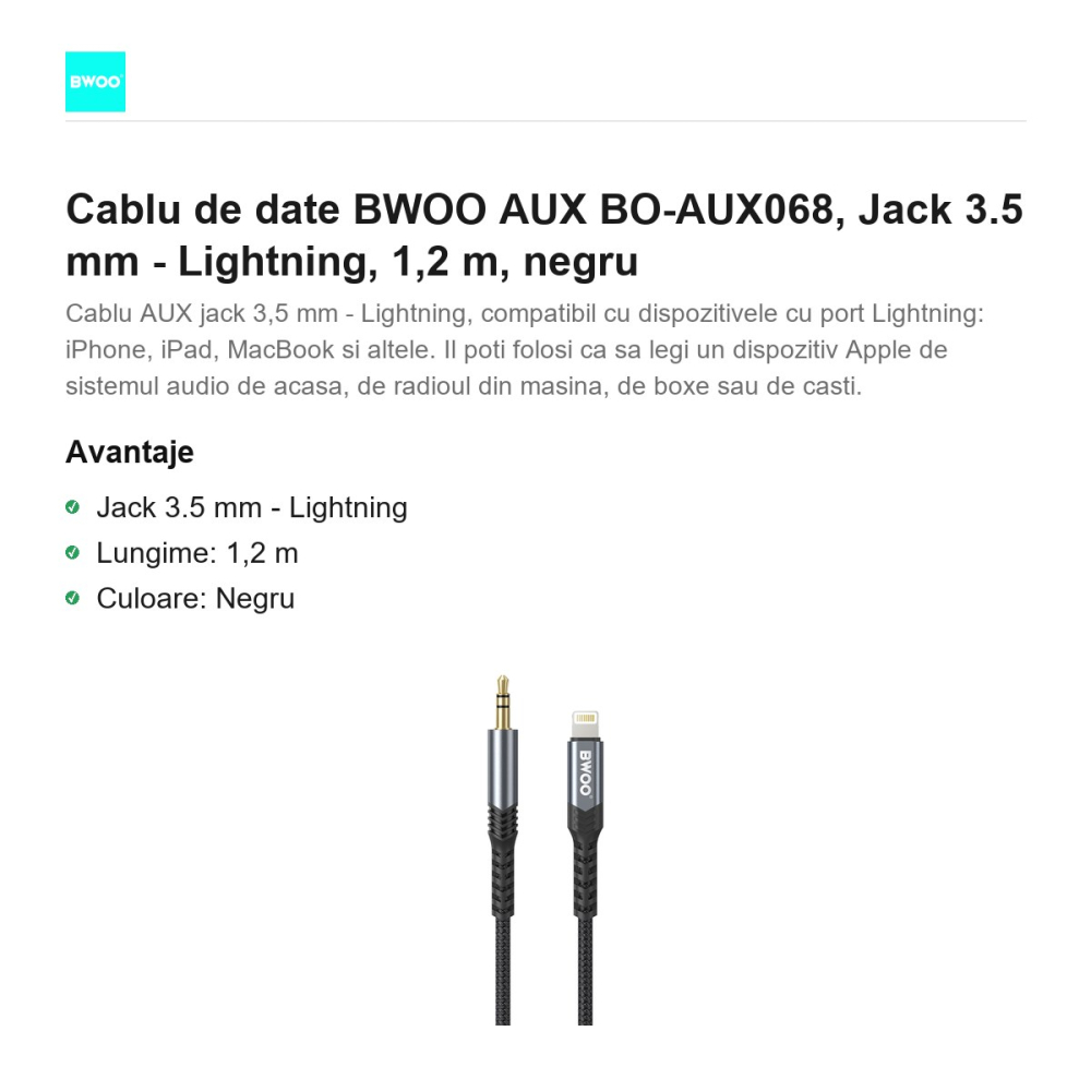 Cablu de date BWOO AUX BO-AUX068, Jack 3.5 mm - Lightning, 1,2 m, negru [2]