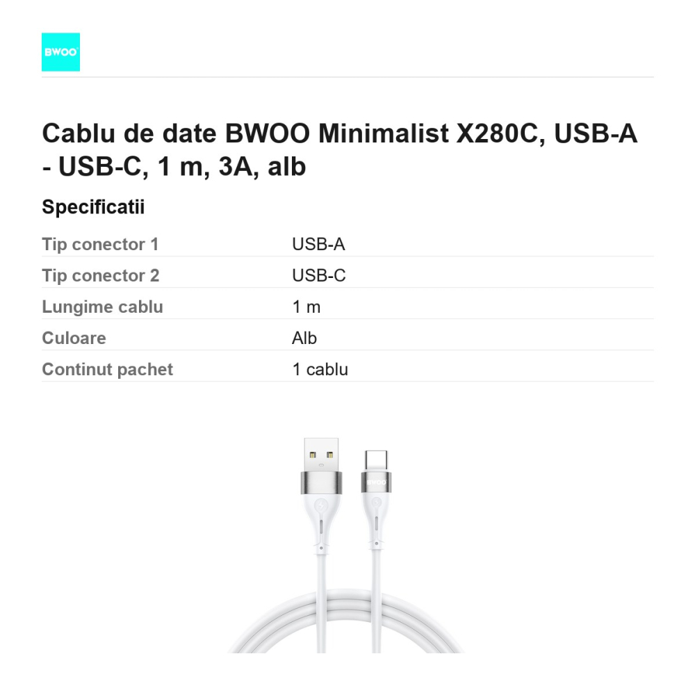 Cablu de date BWOO Minimalist X280C, USB-A - USB-C, 1 m, 3A, alb [3]