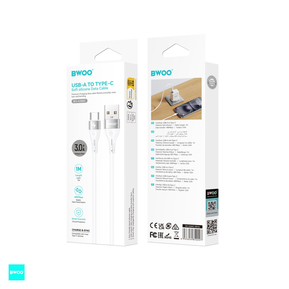 Cablu de date BWOO Minimalist X280C, USB-A - USB-C, 1 m, 3A, alb [4]