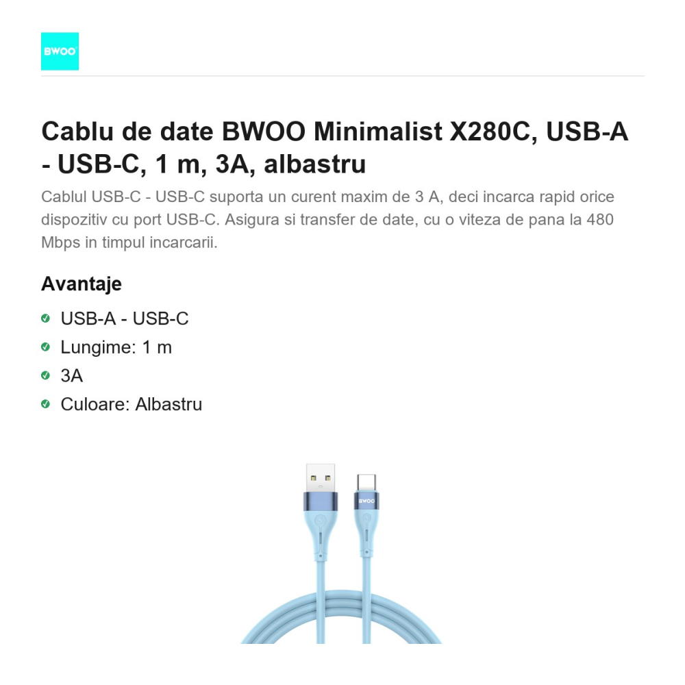 Cablu de date BWOO Minimalist X280C, USB-A - USB-C, 1 m, 3A, albastru [2]