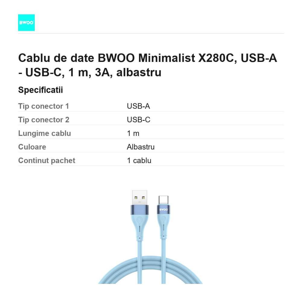 Cablu de date BWOO Minimalist X280C, USB-A - USB-C, 1 m, 3A, albastru [3]