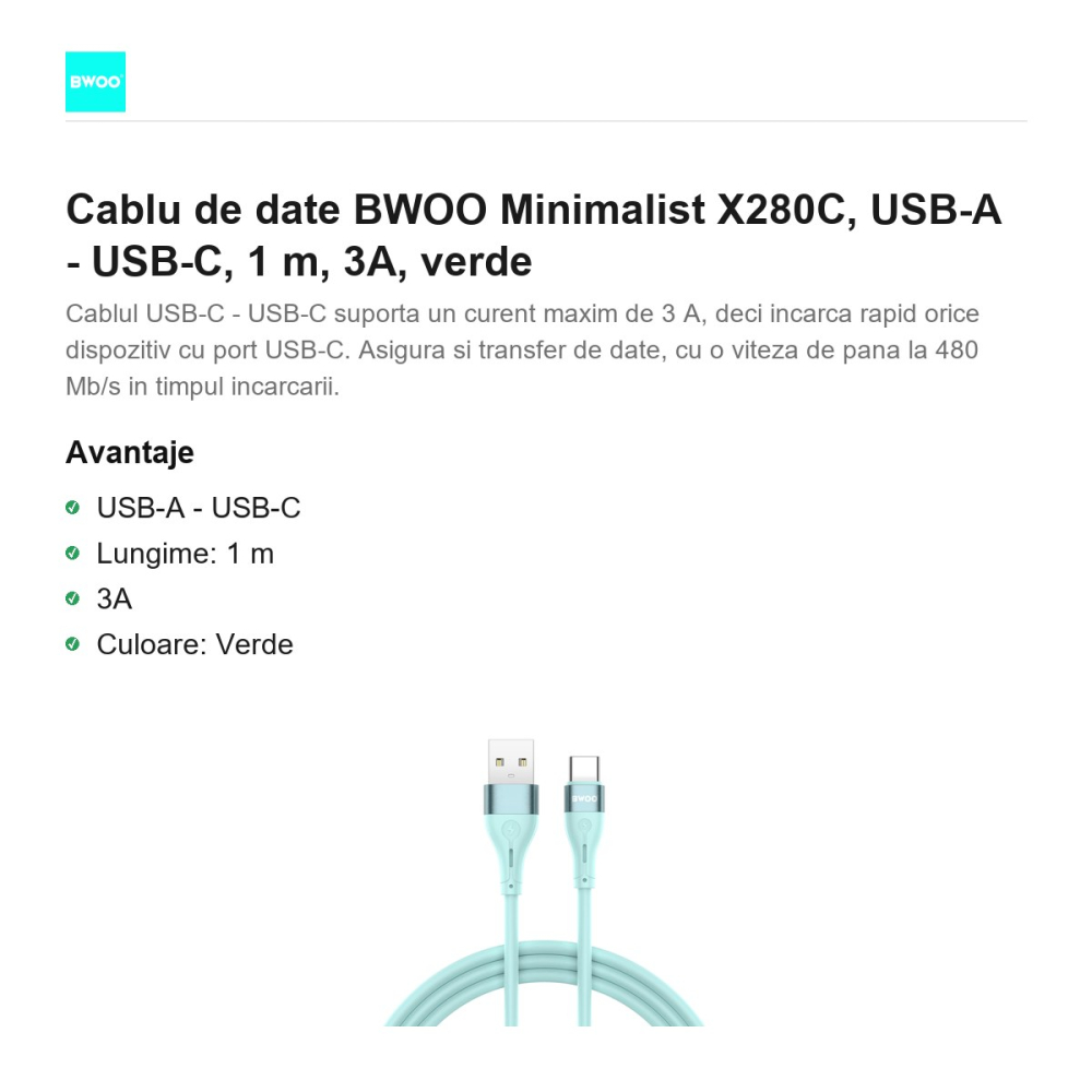 Cablu de date BWOO Minimalist X280C, USB-A - USB-C, 1 m, 3A, verde [2]